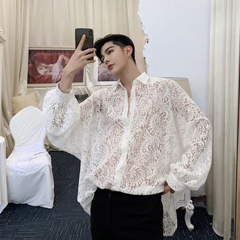 

Male Women Streetwear Hip Hop Party Casual Dress Shirts Men Loose Long Sleeve Translucent Lace Shirt Lovers Clothes