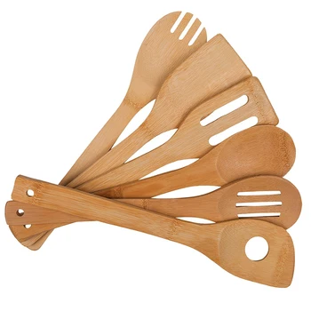 

6pcs Bamboo Spoon Spatula Utensil Set Frying Soup Scoop up Salad Mixing Kitchen Tools Cooking Accessory