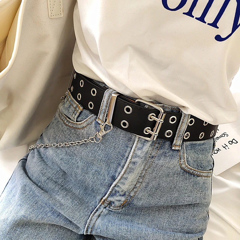 

Fashion Punk Hip hop PU leather Belts Wide two rows Rivet waist belt Jeans Silver Metal Chain Clothes Accessories