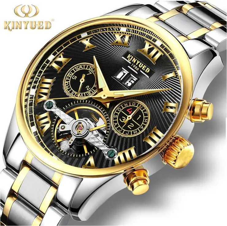 2017KINYUED blue surface Tourbillon automatic font b mechanical b font waterproof week calendar luminous month men