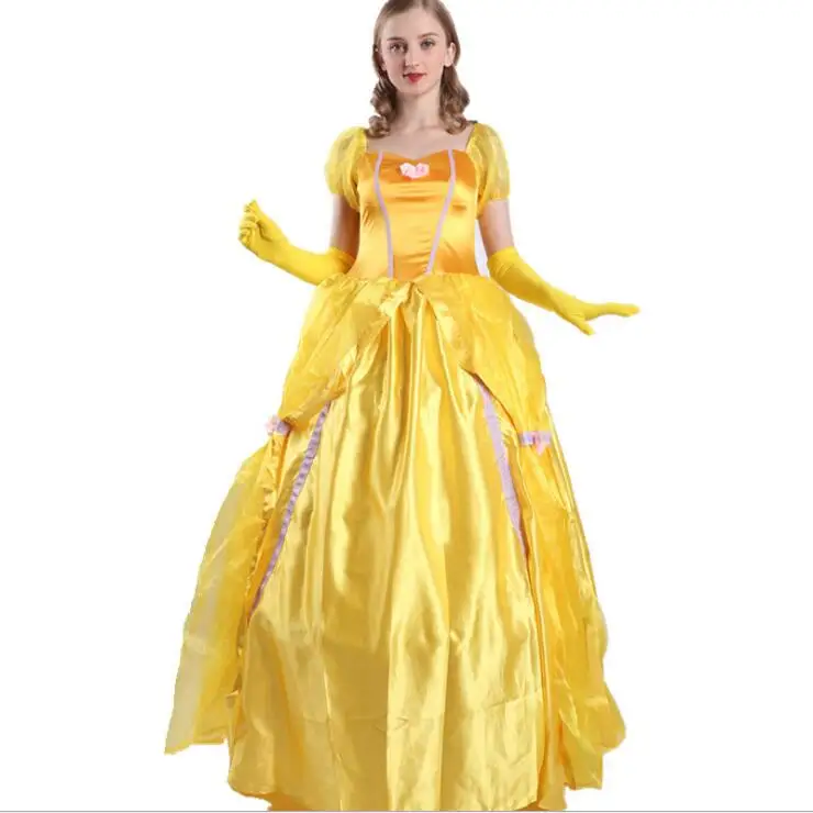 Фантазия женщин Хэллоуин косплей Красавица и Чудовище взрослых принцесса Белль костюм желтый длинное платье