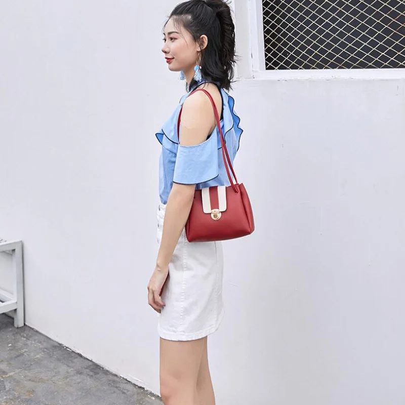 

New fashion color matching hijab lock ladies shoulder Messenger bag drawstring bucket package handbag bags for women 2019