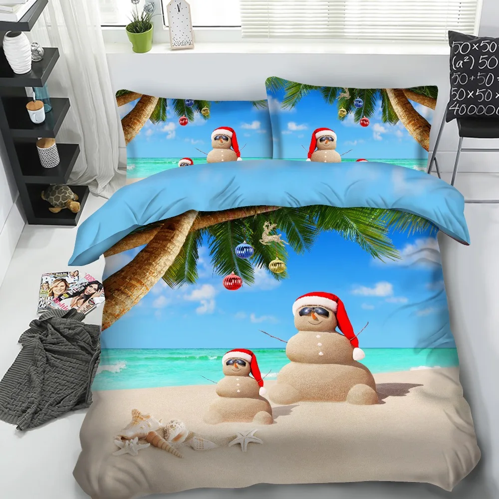 3PCS Per Set Sand Snowman at the Beach 3d Christmas Bedding Setin