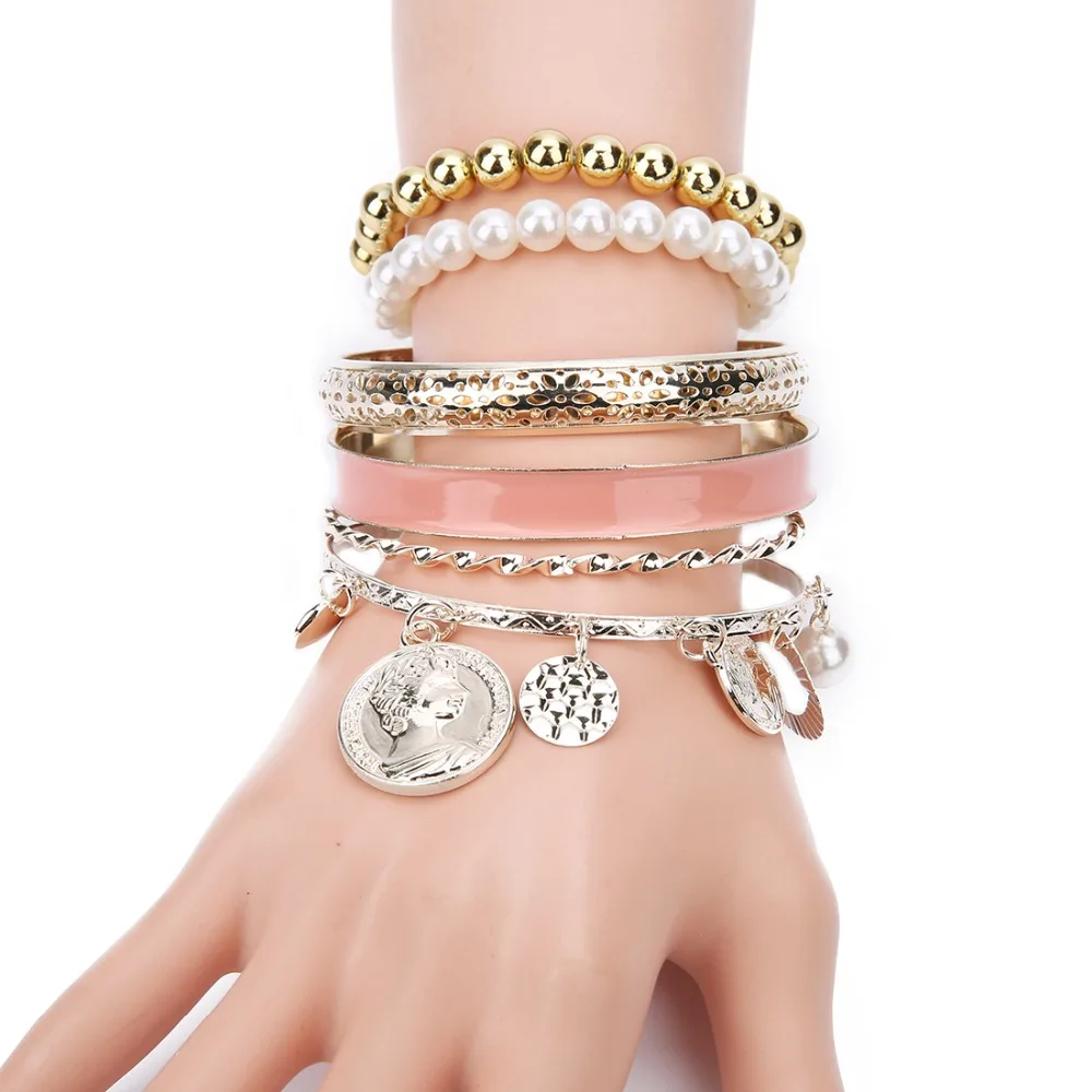 

Lacoogh 6 Pcs/Set Pearl Hollow Multi-layer Coin Versatile Bangles For Women Metal Silver Color Bracelet