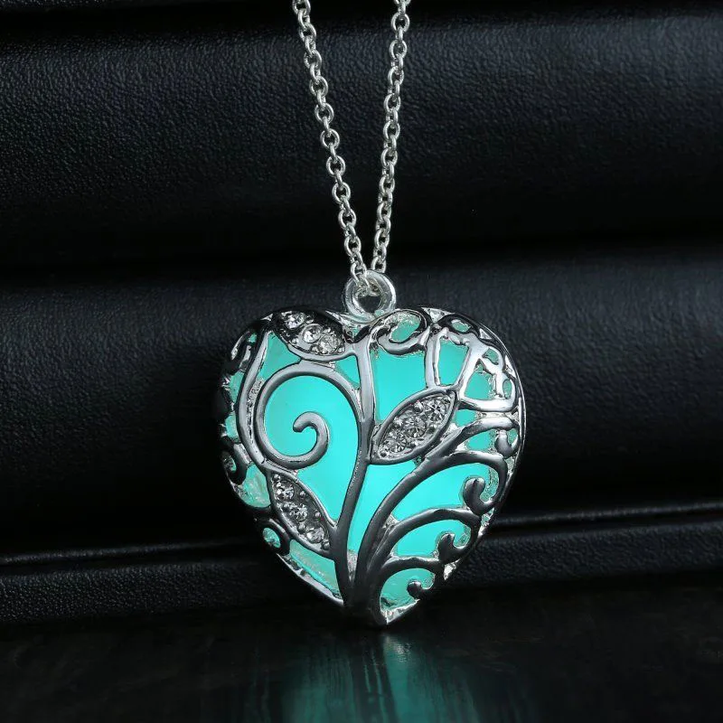 Turquoise Glow In the Dark Heart Necklace Silver Hollow Pendant Christmas Best Friend Gift