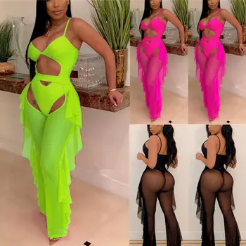 

New Women Summer Sexy Mesh Sheer Perspective Club Party Jumpsuit Pants Set 2pcs Sheer Perspective Club Party Jumpsuit Pants Set