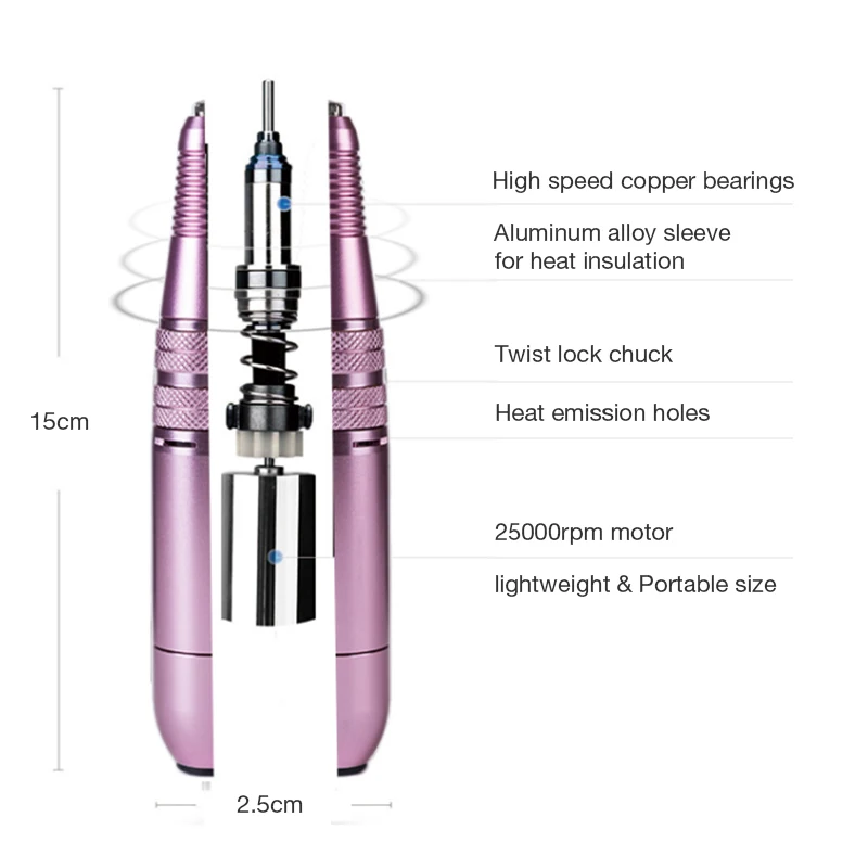 Розовый/серебристый Профессиональный портативный сверлильный станок для ногтей, Электрический маникюр ногтей, резак, 25000 об/мин, 110-240 В, металл, простая в эксплуатации форма ручки