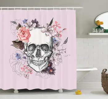 

Skull and Blooms Ceremony Celebrating Art Design Vintage Print Fabric Bathroom Decor Set Baby Pink Black White Salmon