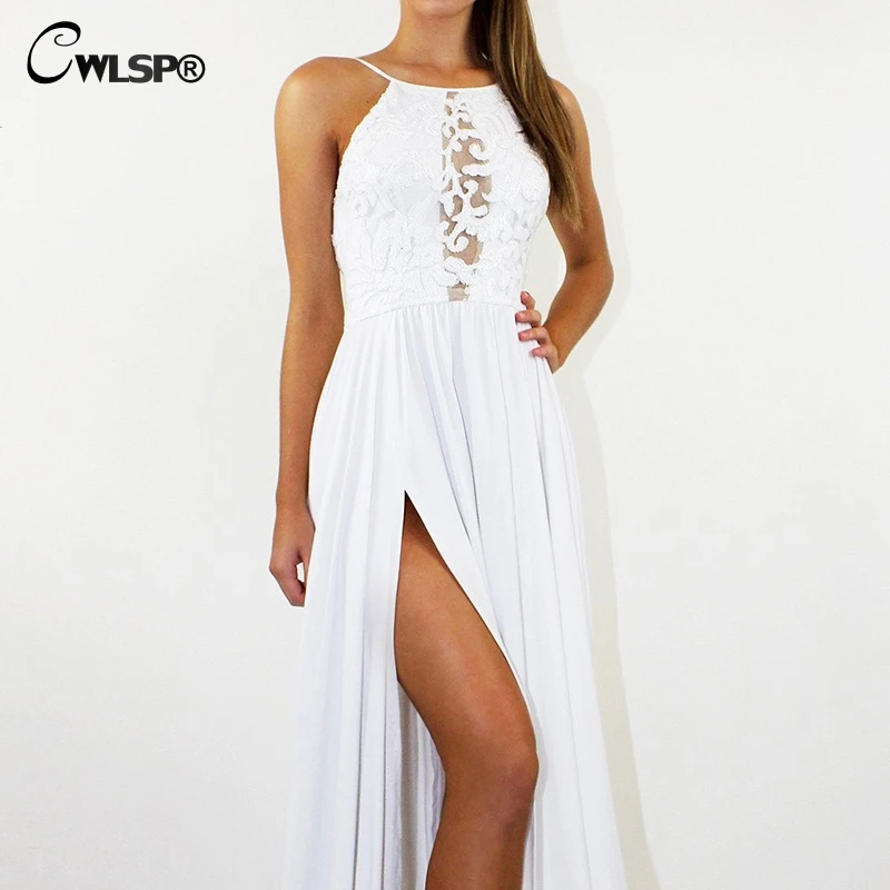 CWLSP 2018 summer Splite Sexy Sheath Women Summer Dress Floor-length Dress Halter Backless Wrap embroidery hollow out QZ2858