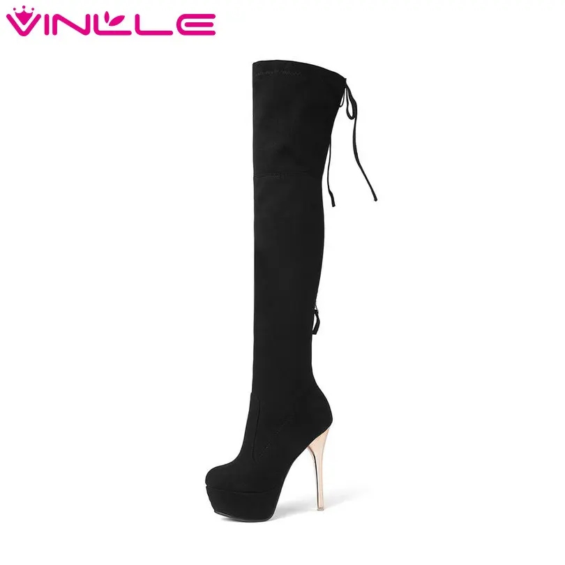 Baratos VINLLE 2019 mujeres sobre la rodilla botas talón Delgado señaló encaje moda mujer zapatos PU cuero Mujer tamaño 34 43