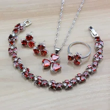 Дизайн, красный родолит, Свадебные Ювелирные наборы из 925 серебра, аксессуары, серьги-гвоздики/ожерелье/браслет/кольцо, подарочная коробка