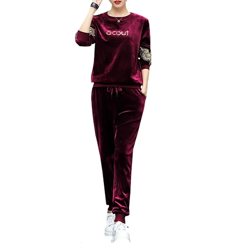 Cena Damskie aktywne dresy hafty nadrukowane litery O Neck z długim rękawem w połowie zwężone jednokolorowe spodnie garnitury