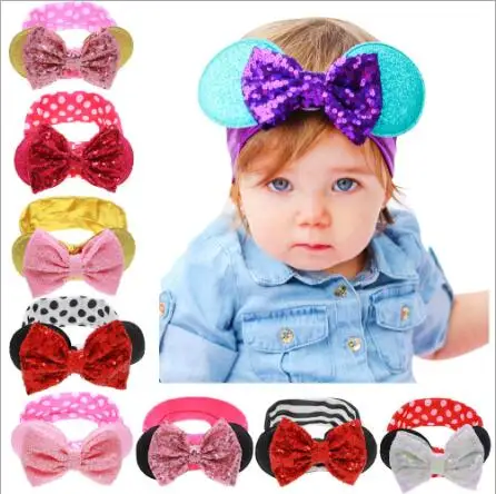 2016 New Children girls headbands Baby cute rabbit ear headwraps Girls hair accessories Kids shiny bowknot dots hair bands