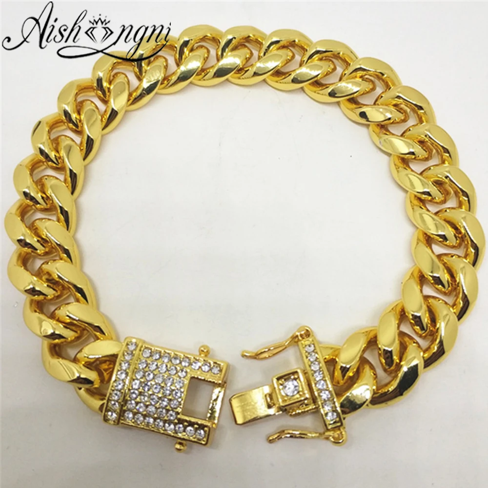 AISHANGNI Men Jewelry 12MM Hip Hop Golden Cuban Bracelet 18 Gold Plated