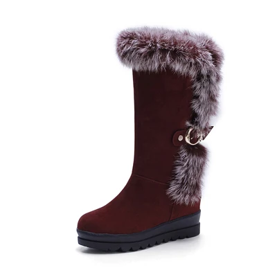 Chainingyee/теплые зимние ботинки из плюша; удобные ботинки до середины икры из нубука и кроличьего меха с ремешком и пряжкой на плоской подошве; женская обувь; большие размеры - Цвет: red