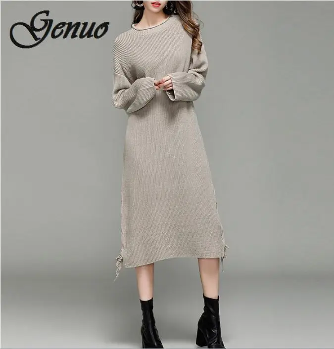 

Autumn Winter Solid Knitted Cotton Sweater Dresses Women Fashion Loose O-neck Pullover Female Knitted Dress Vestidos Feminino