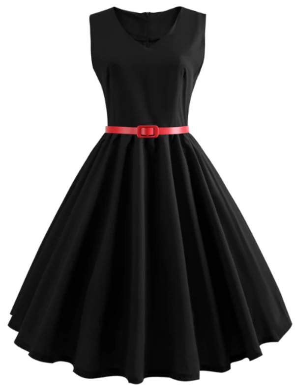 

Lortalen 50s 60s Retro Sleeveless Solid Color Vintage Flare Dress Women Elegant Party Rockabilly A-Line Dress With Waist Belt
