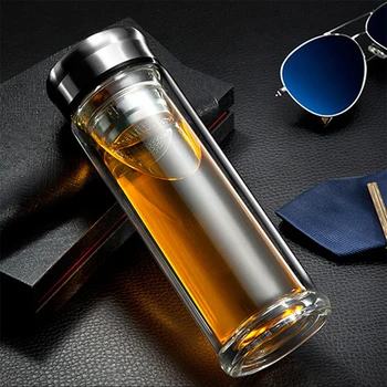 

Leak-Proof Double Glass Water Bottle 320ml Drinking Teapot Sports Travel Tour Circular Transparent Bottles With Tea strainer