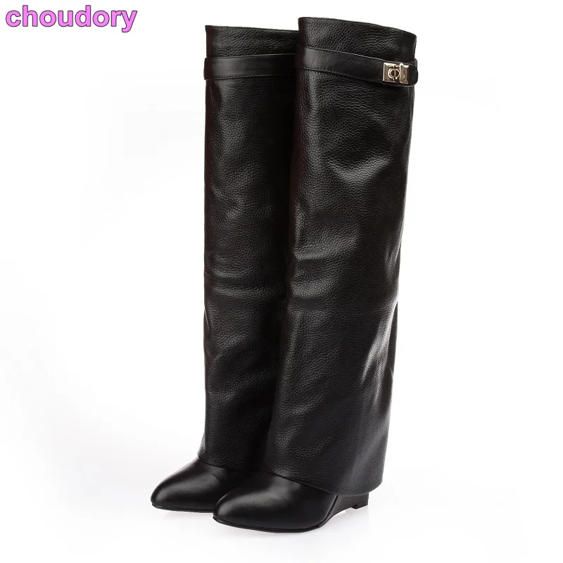 

Women Luxurious Brand Knee High Boots Concise Metal Decoration Dress Boots Belt Buckle Wedge Heel Boots Gladiator Shoes US10