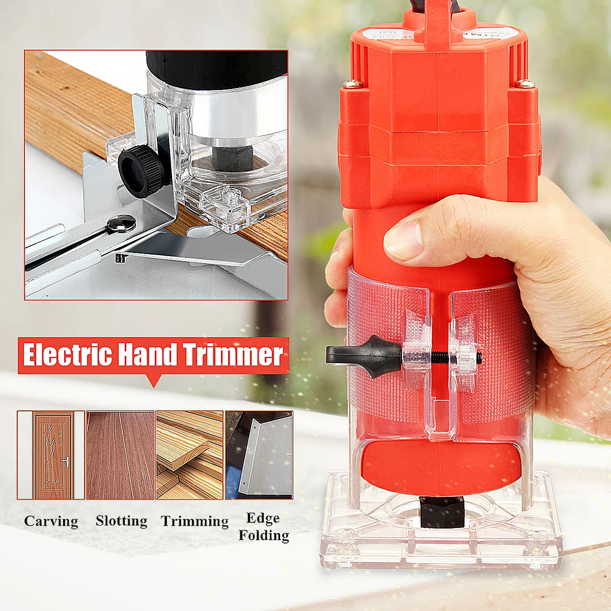 

1/4" 30000r/min 50HZ 220V 450w Corded Electric Hand Trimmer Wood Laminator Router Joiners Tools Transparent Base DIY Lift Knob