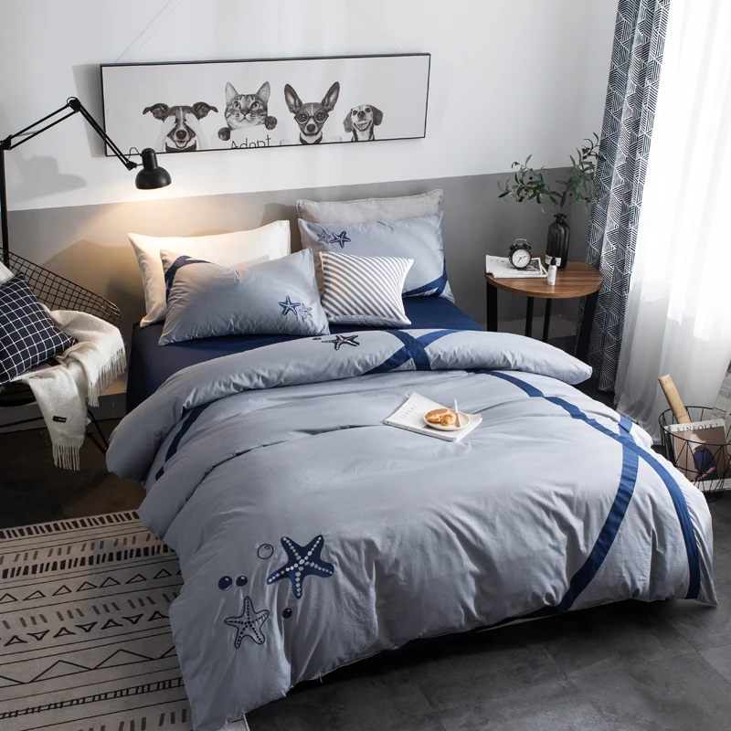 

Blue gray starfish+vertical bar Soft Sheet Pillowcase And Duvet Cover Sets 100% Cotton Bedlinen Queen King Size Bedding Set Soft