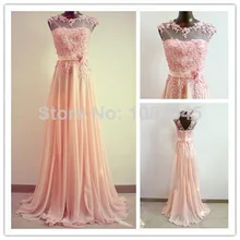 Modest High Neck Coral Bridesmaid Dresses Gown Sleeves See Through Applique A Line Chiffon Prom Party Dress 2016 party Gowns