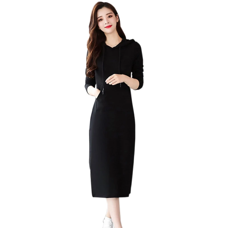 Женское повседневное однотонное платье-свитер с капюшоном и длинным рукавом, бархатные тонкие платья черного цвета F2 - Цвет: Черный