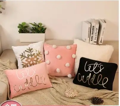 Милый розовый чехол для подушки с белыми шерстяными шариками, пушистый чехол для подушки, декоративная Черная/Розовая золотистая наволочка с рисунком, декор для дивана