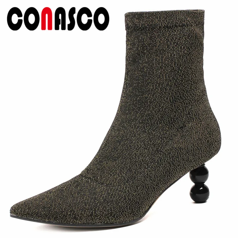 

CONASCO New Sexy Women High Heels Party Socks Boots Pointed Toe Stretch Boots Ladies Autumn Winter New Basic Boots Ankle Boots
