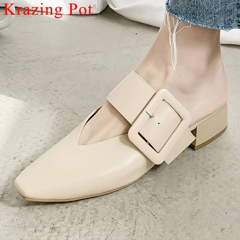 

Krazing Pot cow leather movie stars retro buckle decoration slip on mules office lady chunky heels square toe women pumps L51