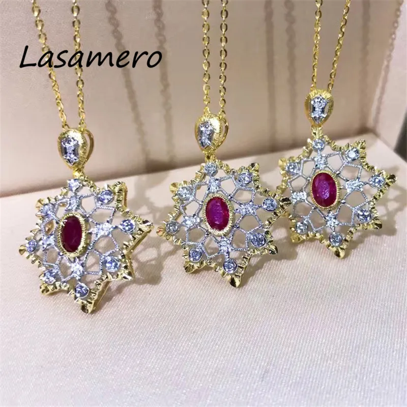 

LASAMERO Halo 0.398 CTW Round Cut Ruby Center Pave Set 18k Yellow Gold Natural Diamond Pendant Necklace