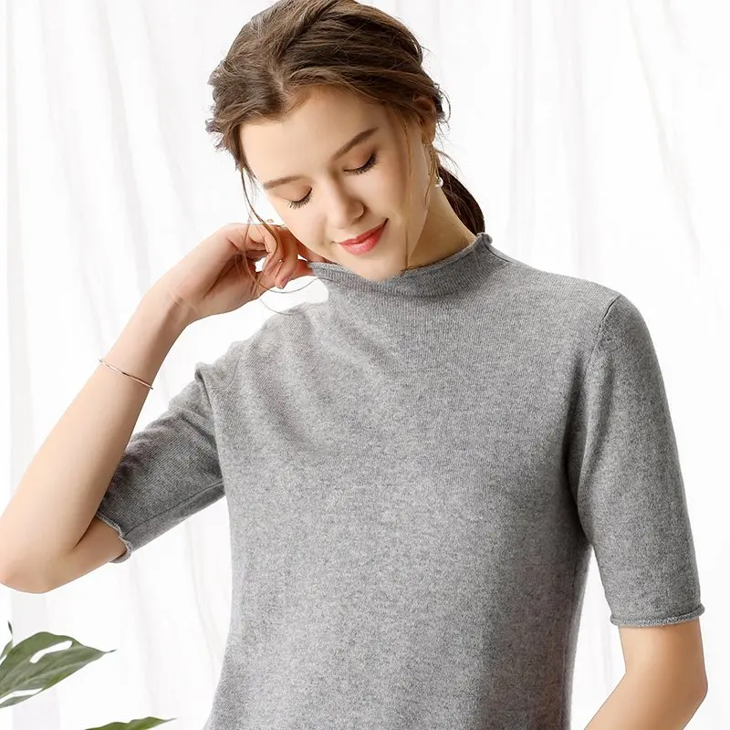 Новинка, весенне-летний женский свитер с круглым вырезом, пуловер с коротким рукавом, кашемир, базовая стильная футболка, джемпер, Одноцветный, повседневный 9203 - Цвет: Серый