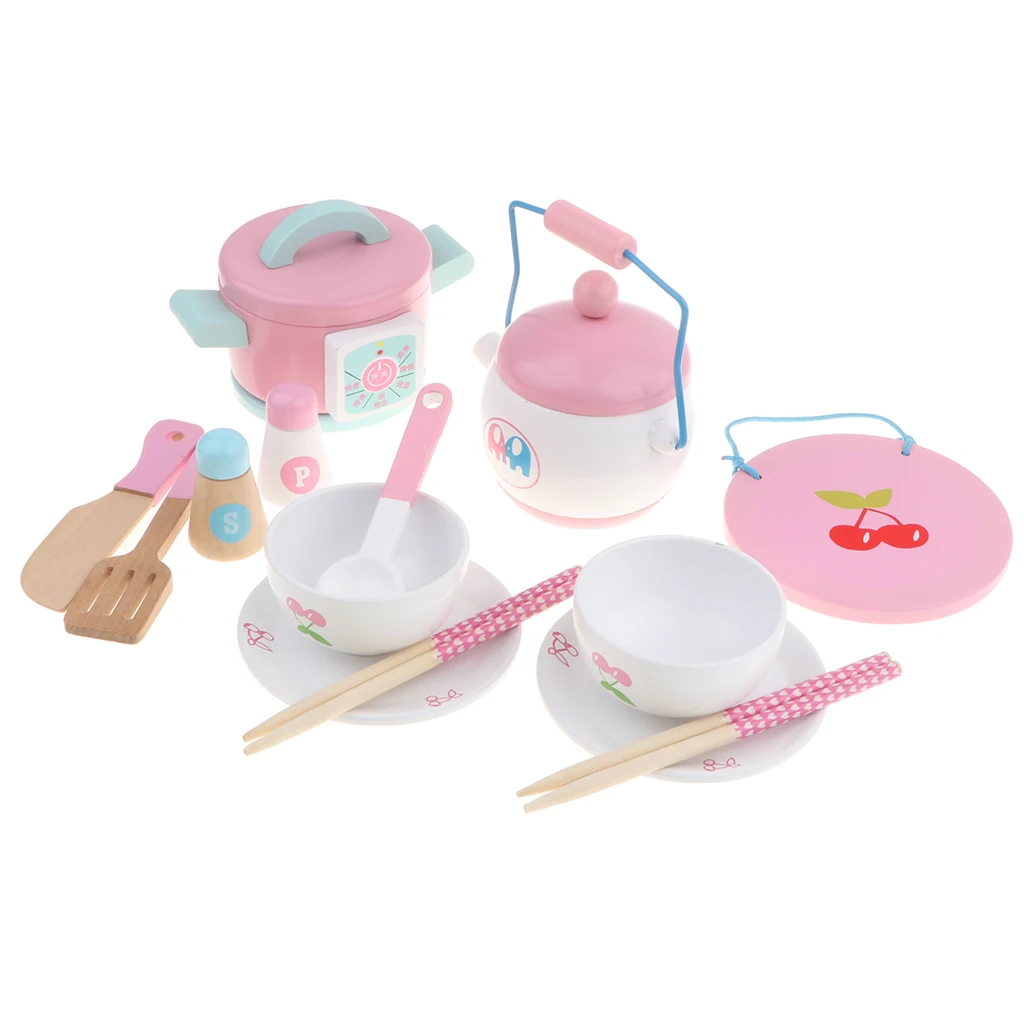 14 pieces Pretend Play Kitchen Wooden Toy - Cooking Food Utensils Cookware & Dinnerware, Pots Bowl for Kids Play House Game