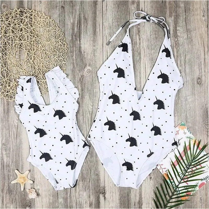 

2018 Summer Mother And Daughter Swimsuit Matching Outfits Cute Cartoon Unicorn Bodysuits Mommy and Me Bikini Swimwear Beachwear