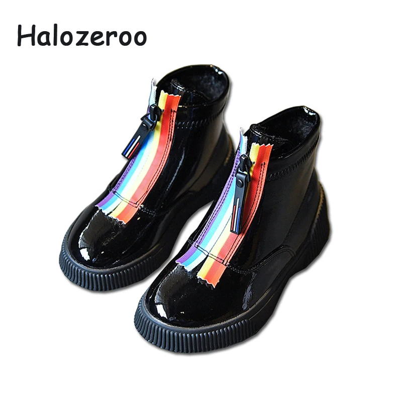 

Halozeroo Baby Girl Pu Leather Ankle Boots Children Rainbow Warm Shoes Kid Brand Black Soft Shoes Princess Winter Fashion Shoes