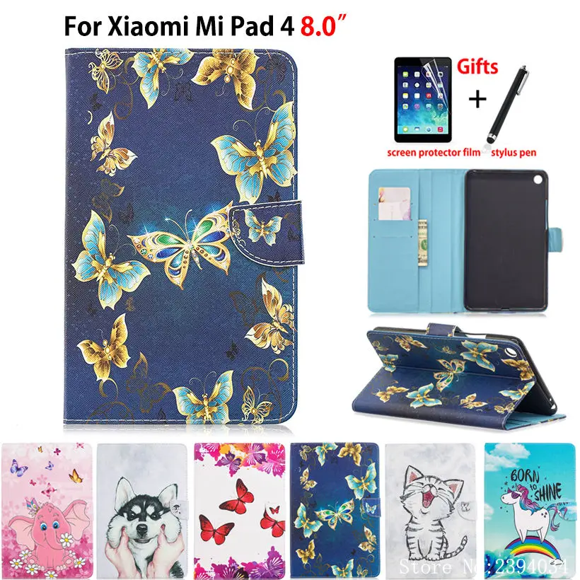 С изображением бабочки чехол для Xiaomi mi Pad 4 mi pad4 8,0 дюймов Чехол принципиально планшеты кремния из искусственной кожи чехол с подставкой в виде ракушки+ подарок