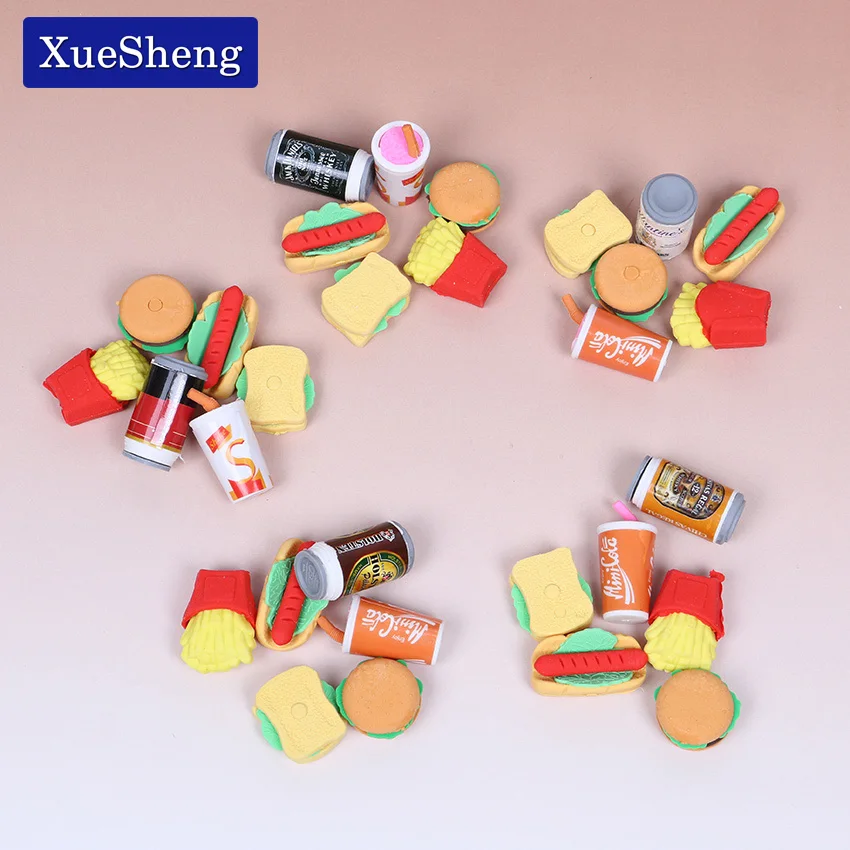 6 PCS/Set Cute Kawaii Hamburger Food Drink Cola Rubber Eraser Set