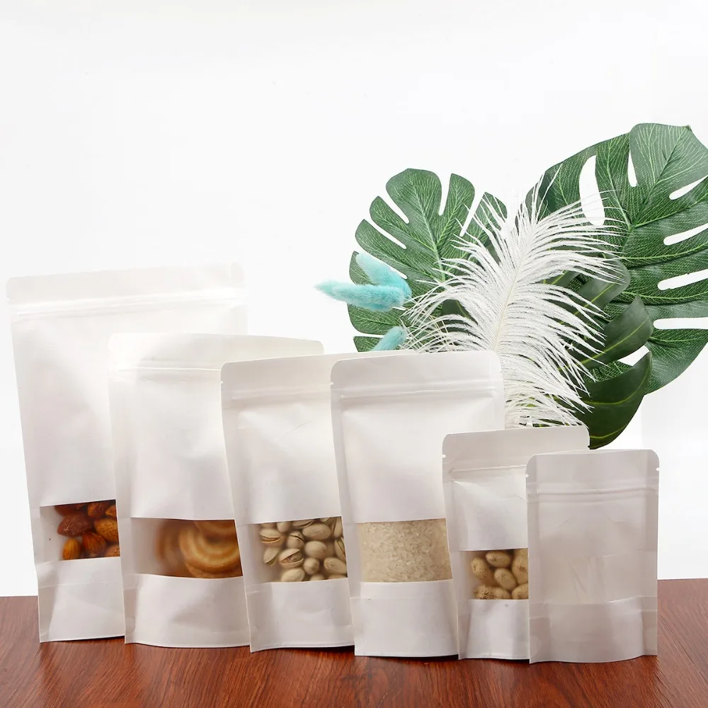 

10pcs White Stand up Paper Frosted Window Bag Snack Biscuit Tea Packaging Storage Ziplock Bag White Paper Window Gift Pouches
