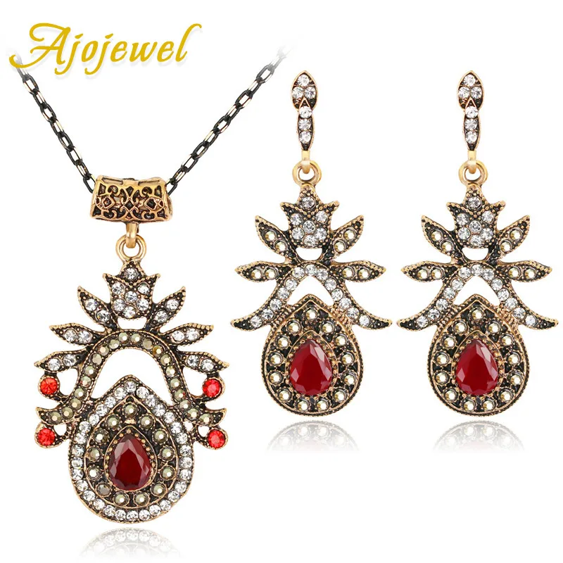

Ajojewel Resin Rhinestone Red Jewerly Sets For Women Vintage Bohemian Earrings Necklace Set Wholesale