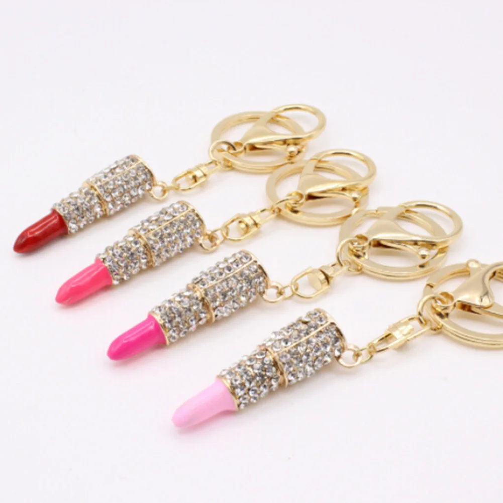 Charm Crystal Keychain Lipstick Key Holder Rhinestone Keyring Red Rose