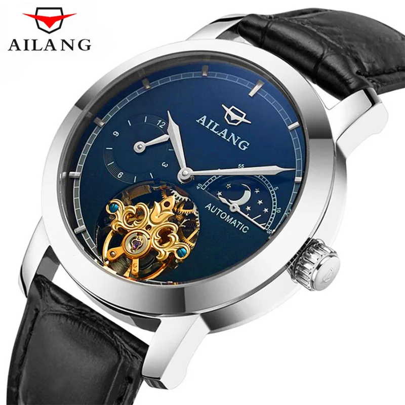 Оригинальные Tourbillon модные черные часы Moon Phase Мужские Водонепроницаемые 50 м спортивные военные часы Роскошные автоматические механические часы - Цвет: Silver black