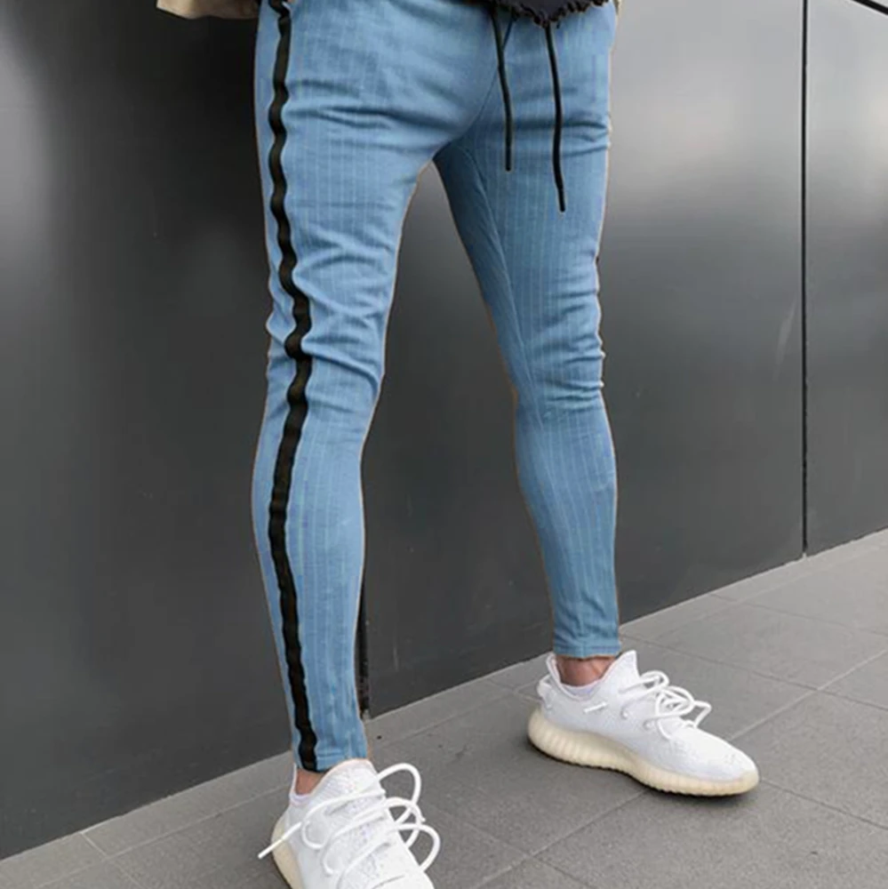 New Style Men Running Pants Casual Sport Long Pants Slim Fit Trousers Running Skinny Patchwork With Pocket Gym Fashion Hot