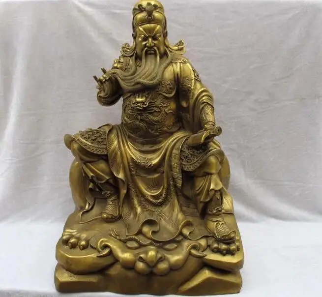 

6710521++19China Pure Brass copper Dragon Tiger Guan Gong reading book on military Statue
