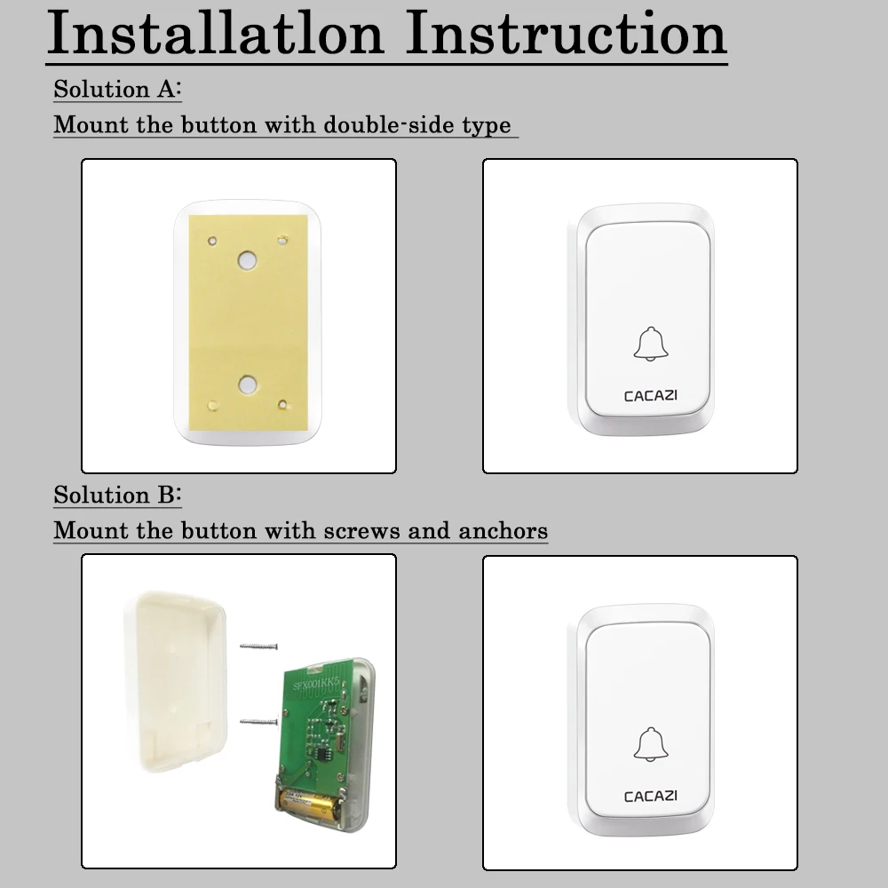 CACAZI Waterproof Wireless Doorbell DC battery-operated 3 Button x 1 Receiver 300M Remote Smart Home Cordless Doorbell Chime