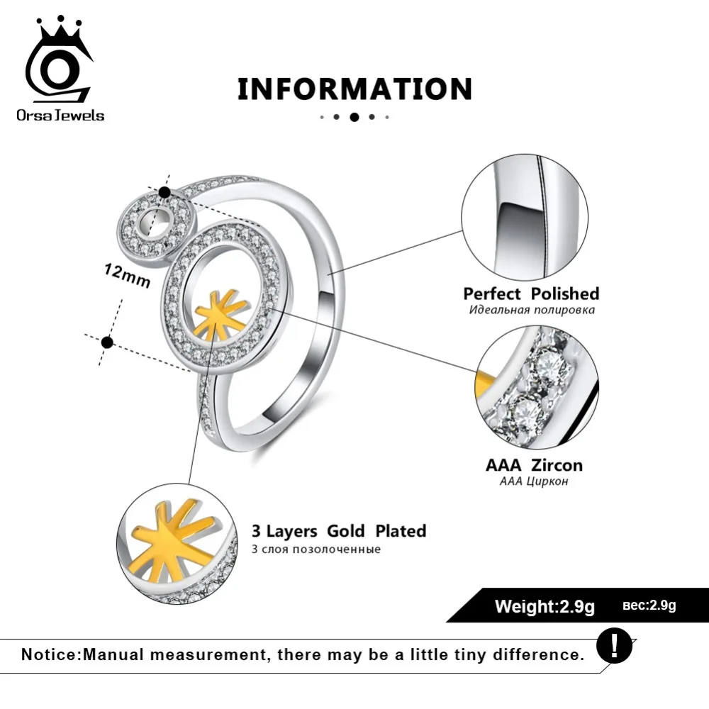 ORSA JEWELS Adjustable Rings For Women Open Cuff Snowflake With Hollowed Circle AAA Clear CZ Female Finger Ring Jewelry OR176