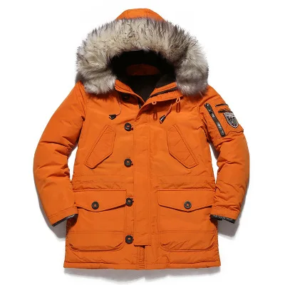 AYUNSUE Новая повседневная брендовая мужская куртка-пуховик на белом утином пуху, зимнее теплое длинное толстое Мужское пальто из искусственного меха, ветрозащитные парки LX1092 - Цвет: orange