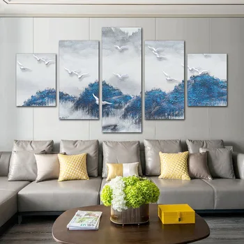 

Blue Forest Poster Landscape Oil Painting Print on Canvas Mountain and Bird Scenery Wall Picture for Home Decorative 5 PCS/Set