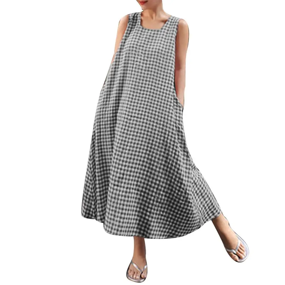 

2019 Fashion Summer Shirt Dresses Plaid Print Plus Size Sleeveless O-Neck Loose Women Sundress Long Maxi Tank Dress with Pockets