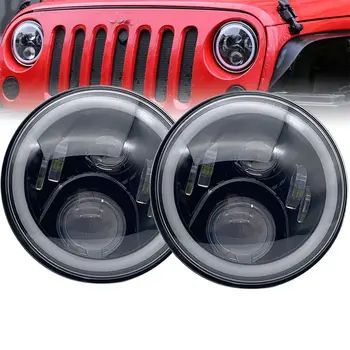 

7" LED Headlights 50W High Low Beam LED H4 Halo Angel Eye DRL Amber Turn Signal for Jeep Wrangler JK TJ Land Rover