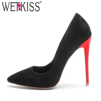 

WETKISS 2018 New Stiletto Heels Women Pumps Flock Pointed Toe Shallow Slip On Shoes Sexy Fashion Footwear Party Female Shoes
